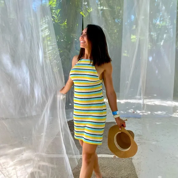 Zara | Dresses | Zara Rustic Halter Neck Dress Striped Mini Dress Blue  Yellow Size Small | Poshmark